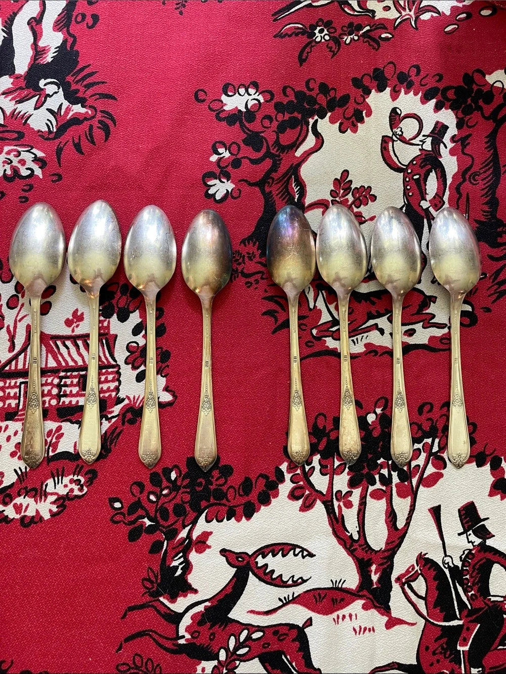 Set of 8 antique William Ro Silver-Tone Dessert Spoons — Classic Floral Handle